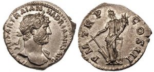Илл. 1. Денарий Адриана (117–138). На реверсе Фортуна с корабельным рулём в виде креста