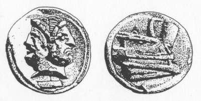 Илл. 39. Римская монета. На лицевой стороне двуликий Янус, на обратной – нос корабля, повёрнутый вправо