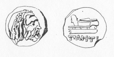Илл. 42. Медный обол с носом корабля, выпущенный в Пантикапее в 220–210 гг. до н.э. На аверсе Посейдон